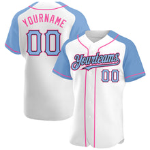 Загрузить изображение в средство просмотра галереи, Custom White Light Blue Black-Pink Authentic Raglan Sleeves Baseball Jersey
