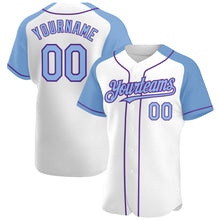 Загрузить изображение в средство просмотра галереи, Custom White Light Blue-Purple Authentic Raglan Sleeves Baseball Jersey
