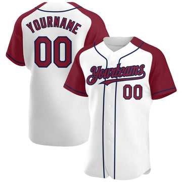 Custom White Crimson-Navy Authentic Raglan Sleeves Baseball Jersey