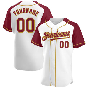 Custom White Crimson-Old Gold Authentic Raglan Sleeves Baseball Jersey