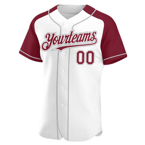 Custom White Crimson-Gray Authentic Raglan Sleeves Baseball Jersey