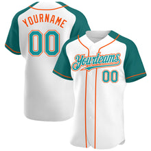 Загрузить изображение в средство просмотра галереи, Custom White Teal-Orange Authentic Raglan Sleeves Baseball Jersey
