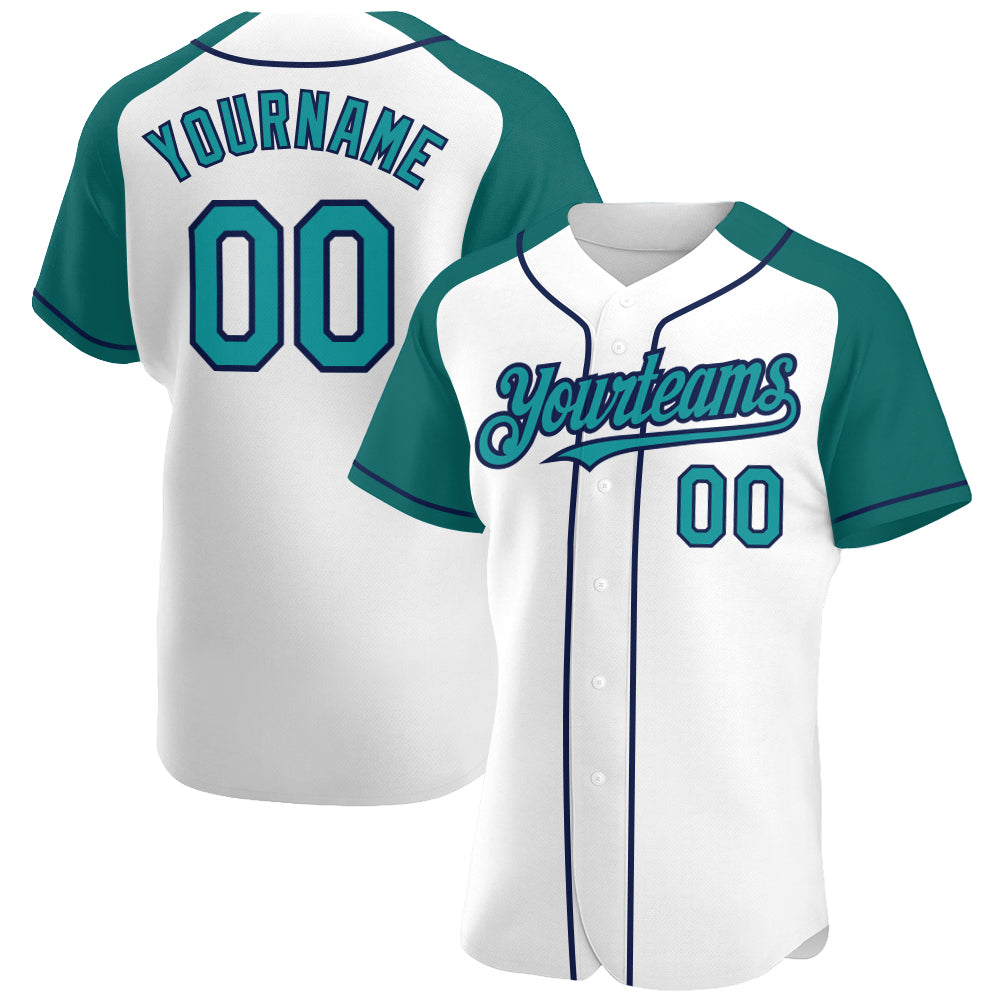 Custom White Teal-Navy Authentic Raglan Sleeves Baseball Jersey