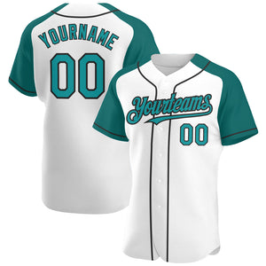 Custom White Teal-Black Authentic Raglan Sleeves Baseball Jersey