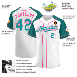 Custom White Teal-Pink Authentic Raglan Sleeves Baseball Jersey