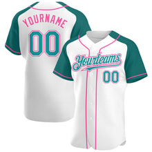 Загрузить изображение в средство просмотра галереи, Custom White Teal-Pink Authentic Raglan Sleeves Baseball Jersey
