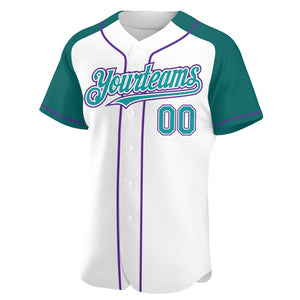 Custom White Teal-Purple Authentic Raglan Sleeves Baseball Jersey