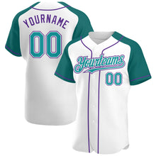 Загрузить изображение в средство просмотра галереи, Custom White Teal-Purple Authentic Raglan Sleeves Baseball Jersey
