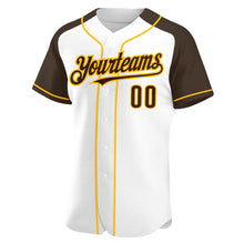 Загрузить изображение в средство просмотра галереи, Custom White Brown-Gold Authentic Raglan Sleeves Baseball Jersey
