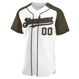 Custom White Olive-Black Authentic Raglan Sleeves Baseball Jersey