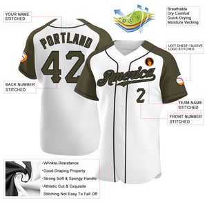 Custom White Olive-Black Authentic Raglan Sleeves Baseball Jersey