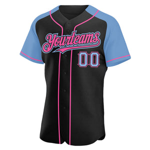 Custom Black Light Blue-Pink Authentic Raglan Sleeves Baseball Jersey