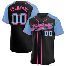 Загрузить изображение в средство просмотра галереи, Custom Black Light Blue-Pink Authentic Raglan Sleeves Baseball Jersey
