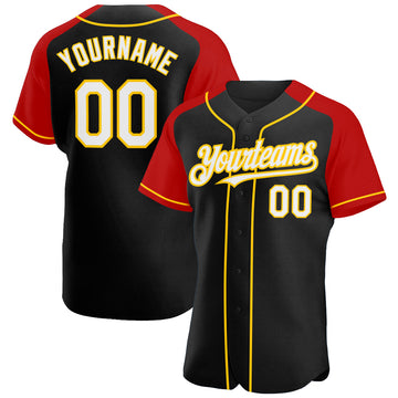 Custom Black White Red-Yellow Authentic Raglan Sleeves Baseball Jersey