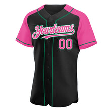 Загрузить изображение в средство просмотра галереи, Custom Black Pink-Kelly Green Authentic Raglan Sleeves Baseball Jersey
