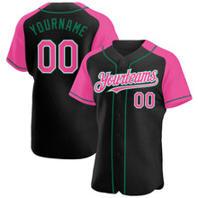 Загрузить изображение в средство просмотра галереи, Custom Black Pink-Kelly Green Authentic Raglan Sleeves Baseball Jersey
