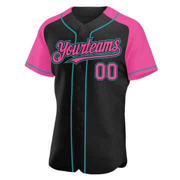 Custom Black Pink-Teal Authentic Raglan Sleeves Baseball Jersey