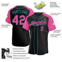 Загрузить изображение в средство просмотра галереи, Custom Black Pink-Teal Authentic Raglan Sleeves Baseball Jersey
