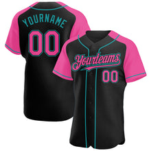 Загрузить изображение в средство просмотра галереи, Custom Black Pink-Teal Authentic Raglan Sleeves Baseball Jersey
