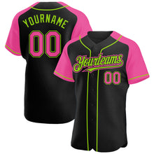 Загрузить изображение в средство просмотра галереи, Custom Black Pink-Neon Green Authentic Raglan Sleeves Baseball Jersey
