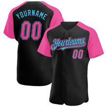 Загрузить изображение в средство просмотра галереи, Custom Black Pink-Sky Blue Authentic Raglan Sleeves Baseball Jersey
