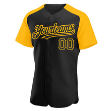 Загрузить изображение в средство просмотра галереи, Custom Black Gold Authentic Raglan Sleeves Baseball Jersey
