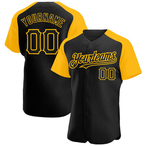 Custom Black Gold Authentic Raglan Sleeves Baseball Jersey