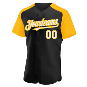 Custom Black White-Gold Authentic Raglan Sleeves Baseball Jersey