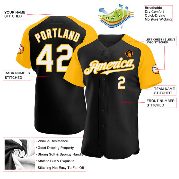 Custom Name Black White Raglan Gold White Baseball Jerseys Shirt -  Freedomdesign
