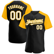 Загрузить изображение в средство просмотра галереи, Custom Black White-Gold Authentic Raglan Sleeves Baseball Jersey
