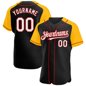 Custom Black White Gold-Red Authentic Raglan Sleeves Baseball Jersey