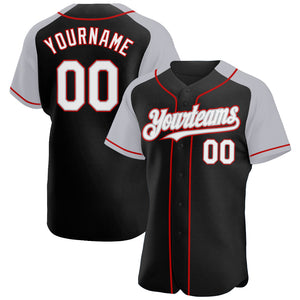 Custom Black White Gray-Red Authentic Raglan Sleeves Baseball Jersey