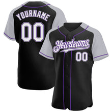 Загрузить изображение в средство просмотра галереи, Custom Black White Gray-Purple Authentic Raglan Sleeves Baseball Jersey
