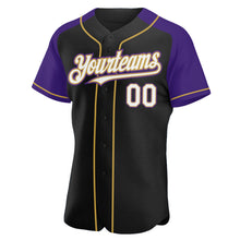 Загрузить изображение в средство просмотра галереи, Custom Black White Purple-Old Gold Authentic Raglan Sleeves Baseball Jersey
