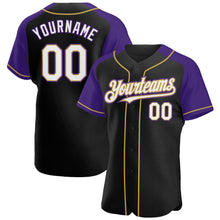 Загрузить изображение в средство просмотра галереи, Custom Black White Purple-Old Gold Authentic Raglan Sleeves Baseball Jersey
