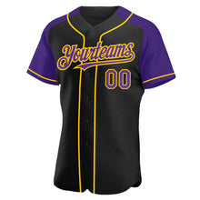 Загрузить изображение в средство просмотра галереи, Custom Black Purple-Yellow Authentic Raglan Sleeves Baseball Jersey
