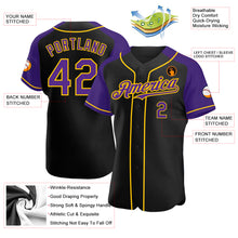 Загрузить изображение в средство просмотра галереи, Custom Black Purple-Yellow Authentic Raglan Sleeves Baseball Jersey
