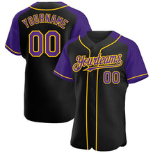 Загрузить изображение в средство просмотра галереи, Custom Black Purple-Yellow Authentic Raglan Sleeves Baseball Jersey
