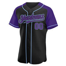 Загрузить изображение в средство просмотра галереи, Custom Black Purple-Light Blue Authentic Raglan Sleeves Baseball Jersey
