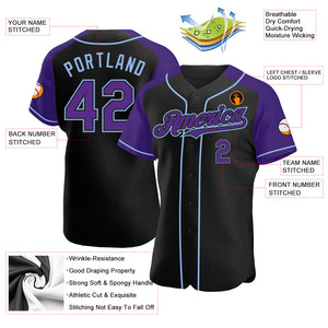 Custom Black Purple-Light Blue Authentic Raglan Sleeves Baseball Jersey