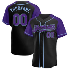 Загрузить изображение в средство просмотра галереи, Custom Black Purple-Light Blue Authentic Raglan Sleeves Baseball Jersey
