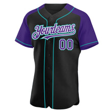 Загрузить изображение в средство просмотра галереи, Custom Black Purple-Teal Authentic Raglan Sleeves Baseball Jersey
