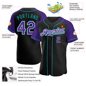 Custom Black Purple-Teal Authentic Raglan Sleeves Baseball Jersey