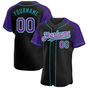 Custom Black Purple-Teal Authentic Raglan Sleeves Baseball Jersey