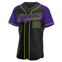 Загрузить изображение в средство просмотра галереи, Custom Black Purple-Neon Green Authentic Raglan Sleeves Baseball Jersey
