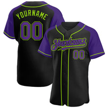 Загрузить изображение в средство просмотра галереи, Custom Black Purple-Neon Green Authentic Raglan Sleeves Baseball Jersey
