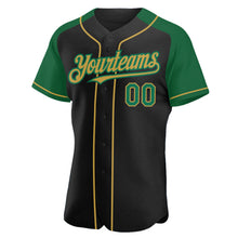 Загрузить изображение в средство просмотра галереи, Custom Black Kelly Green-Old Gold Authentic Raglan Sleeves Baseball Jersey
