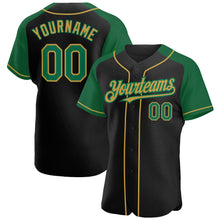 Загрузить изображение в средство просмотра галереи, Custom Black Kelly Green-Old Gold Authentic Raglan Sleeves Baseball Jersey
