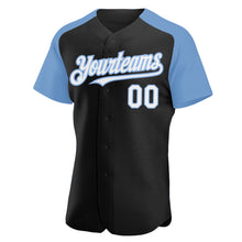 Загрузить изображение в средство просмотра галереи, Custom Black White-Light Blue Authentic Raglan Sleeves Baseball Jersey
