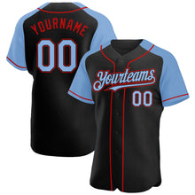 Загрузить изображение в средство просмотра галереи, Custom Black Light Blue-Red Authentic Raglan Sleeves Baseball Jersey
